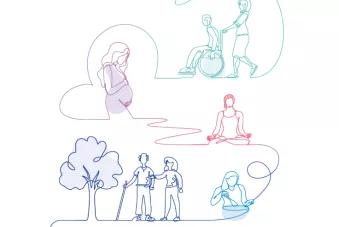 couverture du rapport d'activité representant une ligne, rejoignant des personnages symbolisant les missions de l'ARS, liées au vieillissement, au handicap, au bien être ou à la maternité