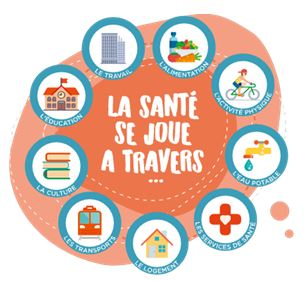 La santé se joue à travers : l'alimentation, l'activité physique, l'eau potable, les services de santé, le logement, les transports, la culture, l'éducation et le travail.