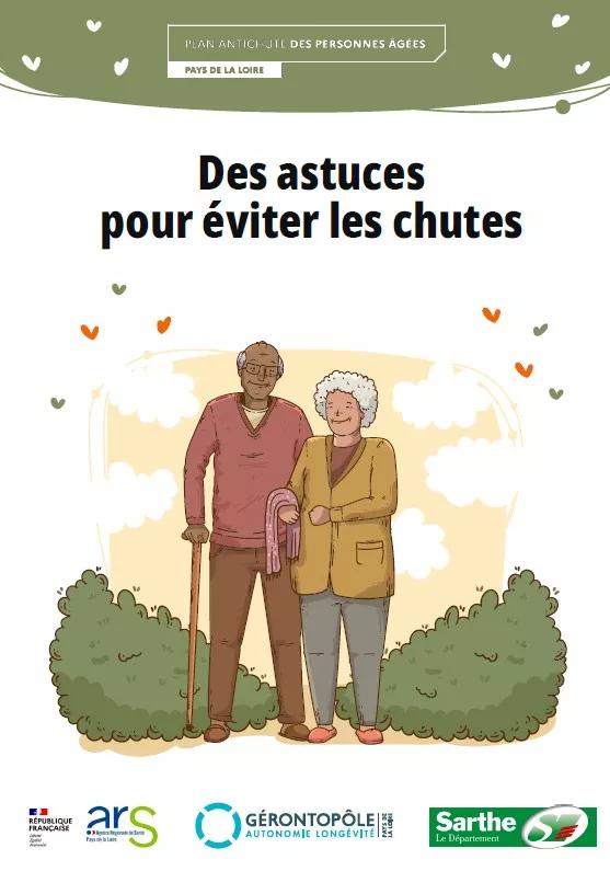 couvertures de la brochure astuces anti chute, illustrée par le dessin de deux personnes âgées avec les logos des partenaires, ARS, département de la sarthe et gérotonpole
