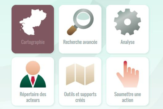 Les services proposés par Oscarsanté : cartographie des actions de santé publique en pays de la loire, recherche avancée, analyse, répertoire des acteurs, outils et supports créés, soumettre une action, moi sans tabac.