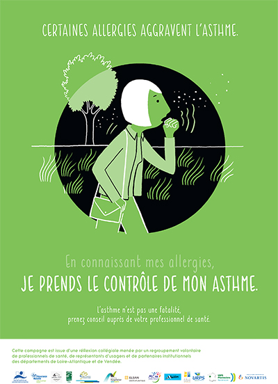 Affiche avec un dessin d'une personne qui tousse. "Certaines allergies aggravent l'asthme, en connaissant vos allergies, vous prenez le contrôle de votre asthme"