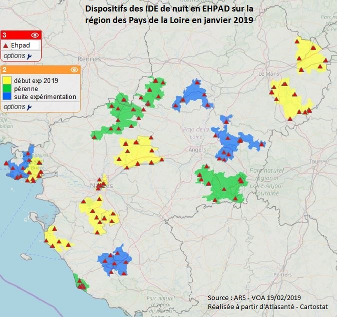 Carte des dispositifs des IDE en EHPAD en Pays de la Loire en Janvier 2019. 16 dispositifs d’astreinte sont dorénavant déployés (ou en cours de déploiement) sur le territoire régional, chaque département portant au moins 2 dispositifs.
