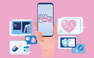 Visuel Mon espace santé montrant une main tenant un smartphone avec l'application Mon espace santé, entouré de différents icones médical/analyses médicales