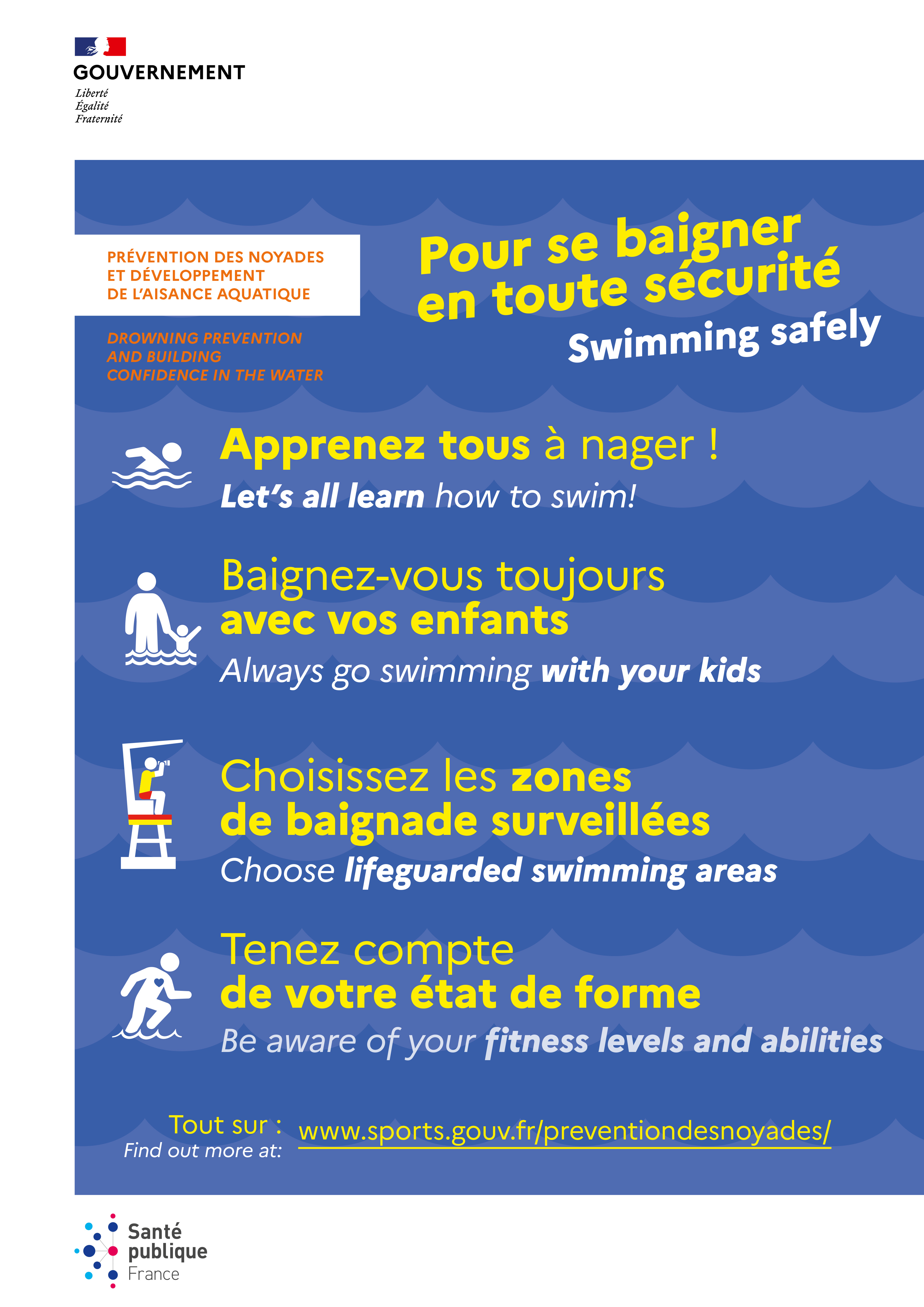Les conseils pour se baigner en toute sécurité : apprenez tous à nager ; baignez vous toujours avec vos enfants  choisissez les zones de baignade surveillées et tenez compte de votre état de forme. 
