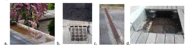 Photographies d'exemples de gîtes larvaires liés au bâti et à la voierie : toiture terrasse, avaloir pluvial, caniveau sur voierie, terrasse sur plots