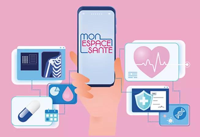 Visuel Mon espace santé montrant une main tenant un smartphone avec l'application Mon espace santé, entouré de différents icones médical/analyses médicales