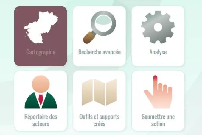 Les services proposés par Oscarsanté : cartographie des actions de santé publique en pays de la loire, recherche avancée, analyse, répertoire des acteurs, outils et supports créés, soumettre une action, moi sans tabac.