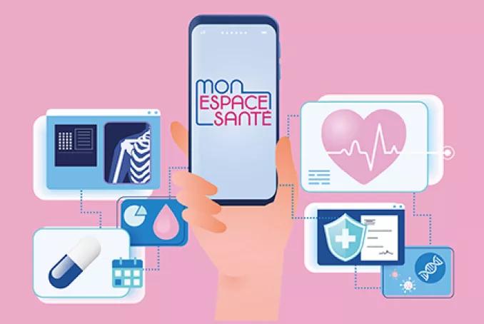 Visuel Mon espace santé montrant une main tenant un smartphone avec l'application Mon espace santé, entouré de différents icones médical/analyses médicales