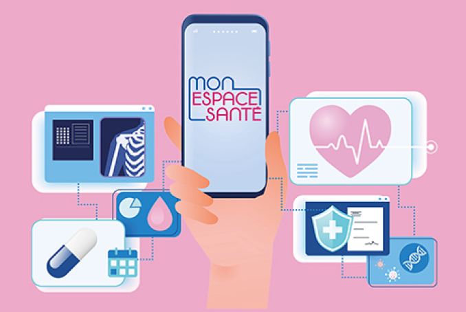 Visuel Mon espace santé montrant une main tenant un smartphone avec l'application Mon espace santé, entouré de différents icones médical/analyses médicales