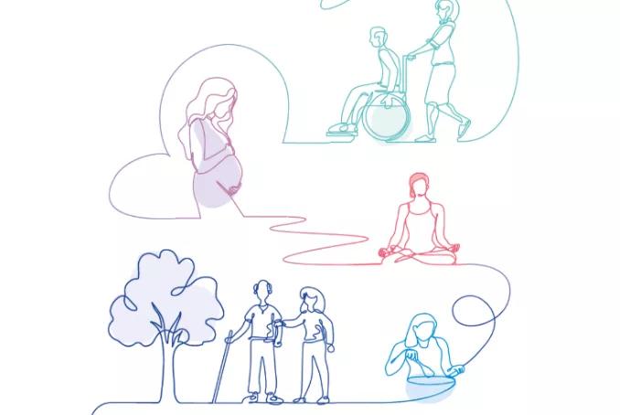 couverture du rapport d'activité representant une ligne, rejoignant des personnages symbolisant les missions de l'ARS, liées au vieillissement, au handicap, au bien être ou à la maternité